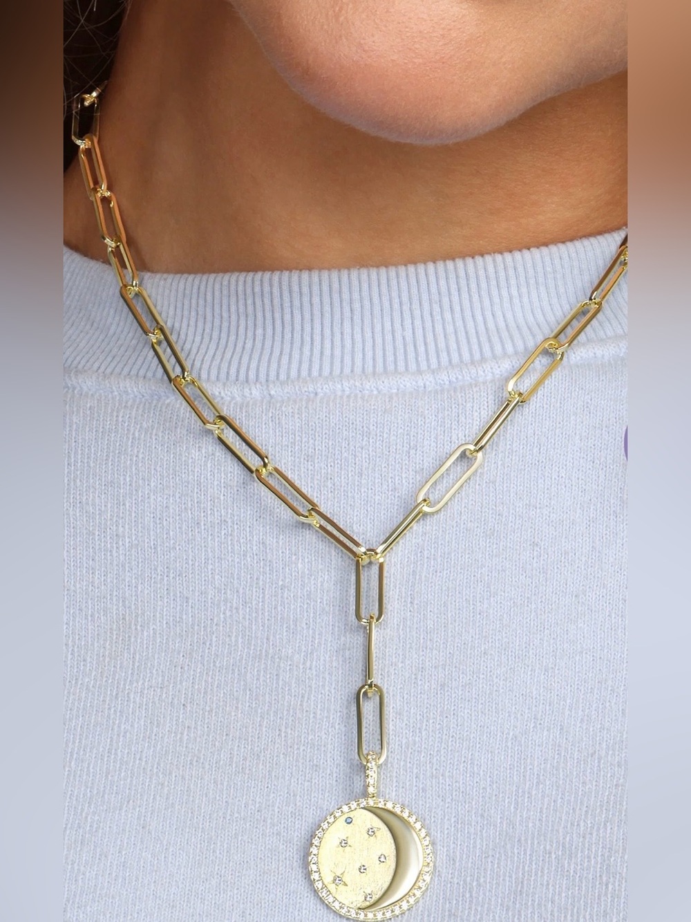 Melinda Maria Gold Paperclip Lariat Necklace with Circle Pendant.